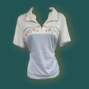 Blue and white embroidered floral polo shirt jacket